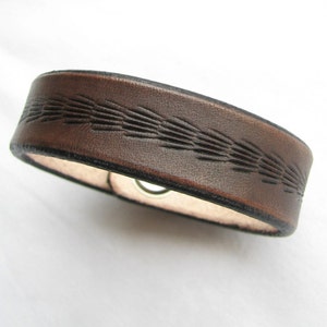 Narrow Leather Bracelet / Wristband - Brown w Tooled Feathered Design