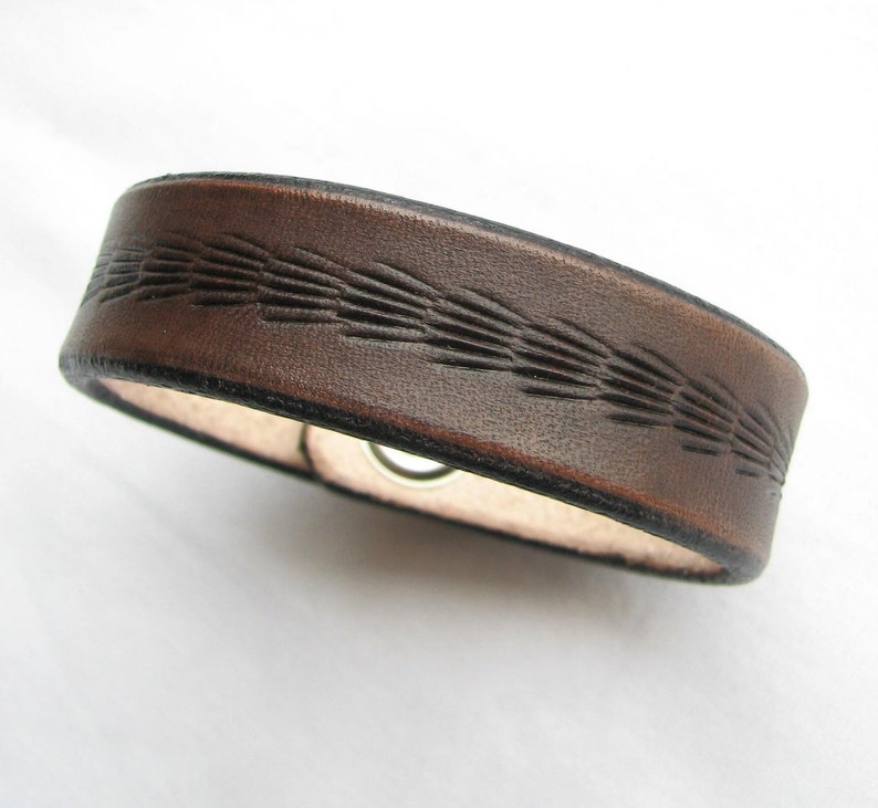 Narrow Leather Bracelet / Wristband Brown w Tooled Feathered Design image 1