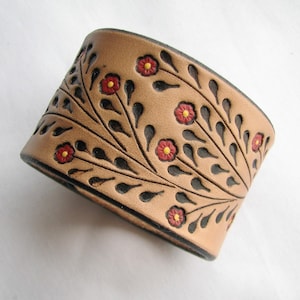 Leather Wristband Bracelet w Little Red Flowers Hand Tooled Wide Cuff Unique Accessory image 1