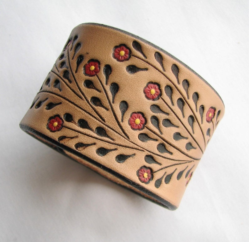 Leather Wristband Bracelet w Little Red Flowers Hand Tooled Wide Cuff Unique Accessory image 1
