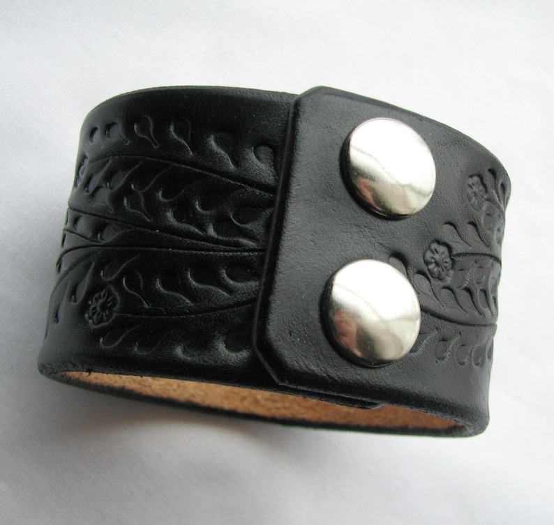 Wide Black Leather Cuff / Bracelet w Floral Vine HandCrafted Wristband Veg Tanned Leather for Men or Women Top Seller image 4