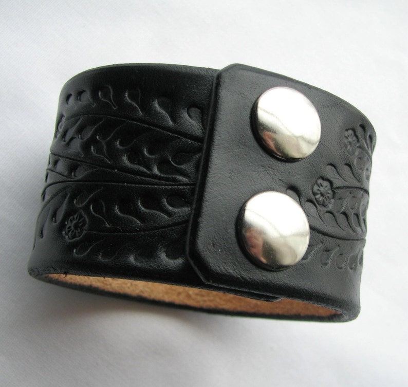 Wide Black Leather Cuff / Bracelet W Floral Vine Handcrafted Etsy