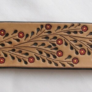Leather Wristband Bracelet w Little Red Flowers Hand Tooled Wide Cuff Unique Accessory image 3