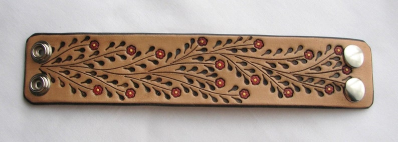 Leather Wristband Bracelet w Little Red Flowers Hand Tooled Wide Cuff Unique Accessory image 3