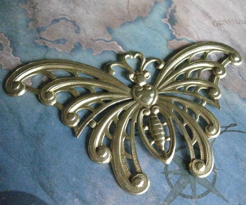 1 PC Large Raw Brass Nouveau Lace Wing Butterfly 0007T