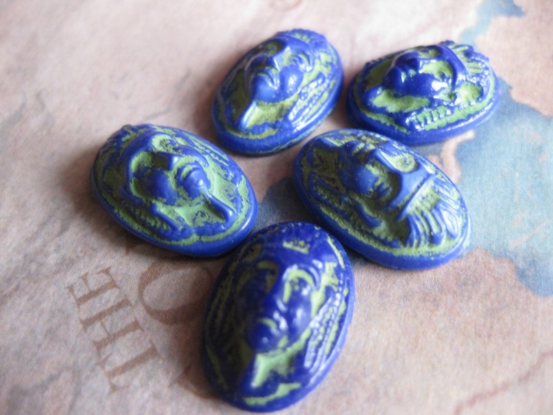 4 PC Vintage Cobalt Blue Czech Glass Egyptian Revival Pharaoh Cameo 16 x 11 mm II10