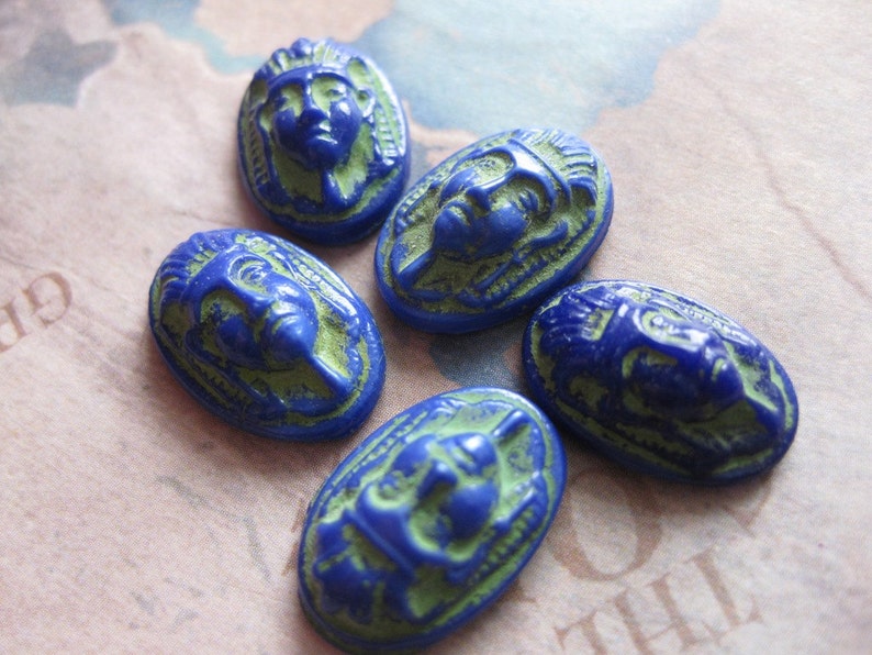 4 PC Vintage Cobalt Blue Czech Glass Egyptian Revival Pharaoh Cameo 16 x 11 mm II10