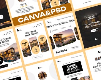 Modèles Instagram immobiliers (Canva et PSD), publications pour agents immobiliers sur les réseaux sociaux, journées portes ouvertes pour nouveaux biens, image de marque marketing immobilier