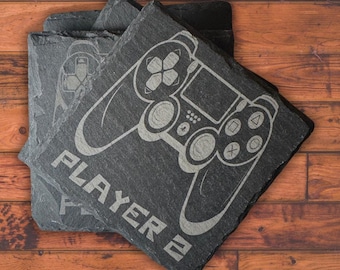 Gaming Controller Slate Coaster Set, Gamer Gift for Teen Boy, Boyfriend Game Room Decor, Player 1 Drink Mats, Video Game Desk Accessories