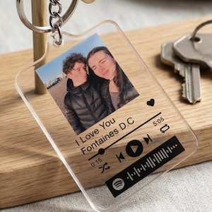 Custom Music Keychain with Photo, Personalised Song Plaque Keyring, Scannable Code Gift for Boyfriend, Anniversary Keepsake for Him or Her