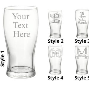 May include: Clear glass beer glasses with engraved designs. Style 1 has "Your Text Here". Style 2 features a floral design with the name "Basia". Style 3 says "18 Happy Birthday Martin". Styles 4 and 5 have the name "Martin".