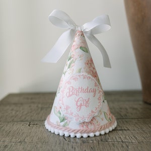 Victorian Birthday Hat elegant Floral pink Party hat for Birthday Photoshoot girls birthday hat with bow Personalized party hat Photography