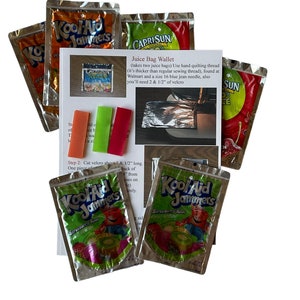 May include: A craft project using juice pouches to make a wallet. The instructions include using quilting thread, a needle, and velcro. The image shows four juice pouches, three of which are Kool-Aid Jammers and one is Capri Sun.