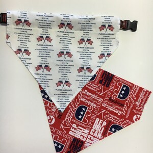 May include: A white bandana with the Pledge of Allegiance printed on it. The bandana is folded in half and the other side is red with the word "Republican" printed in white.