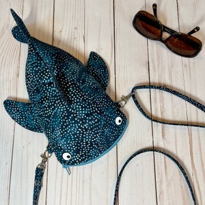 Dotted whale shark crossbody bag, shark pencil case, blue zipper pencil pouch, shark party gift, Inky