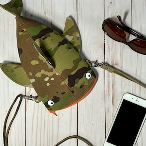 Camouflage whale shark crossbody bag, shark pencil case, shark pencil pouch, camo zipper pencil case, shark purse, shark party gift