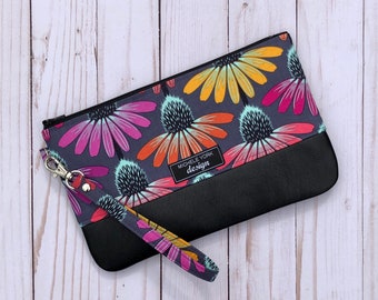 FLORAL LEATHER WRISTLET | Dusty plum floral and black leather clutch, genuine leather bag, zipper wristlet, leather purse for women