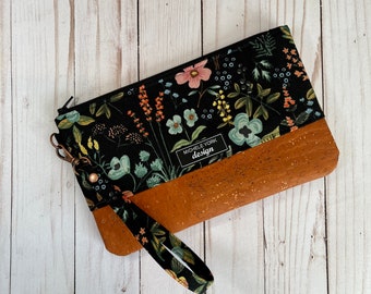 CORK WRISTLET | black floral cork clutch, cork leather bag, zipper wristlet, cork purse for women, Rifle Paper Co. Amalfi Herb Garden