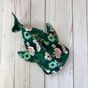 Jade green floral whale shark pencil case, shark crossbody bag, zipper pencil pouch, shark party gift