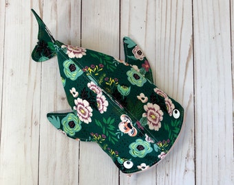 Jade green floral whale shark pencil case, shark crossbody bag, zipper pencil pouch, shark party gift