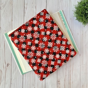 Winter plaid book sleeve, size large, red and black padded book cover, bookish gift, tablet cover