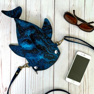 Speckled whale shark crossbody bag, shark pencil case, dark blue zipper pencil pouch, shark party gift, Midnight