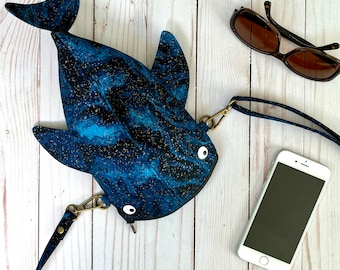 Blue/black speckled whale shark crossbody bag or pencil case, zipper pouch, shark party gift, Midnight: New crossbody size available now!