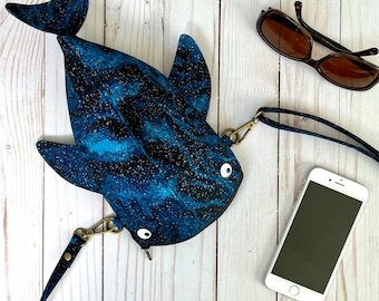 Speckled whale shark crossbody bag, shark pencil case, dark blue zipper pencil pouch, shark party gift, Midnight