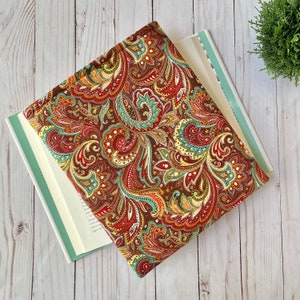 Rust paisley book sleeve, size large, padded book cover, bookish gift, travel book pouch, tablet cover