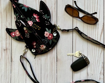 Black floral whale shark crossbody bag, shark pencil pouch, zipper pencil case, shark party gift, Coco: New MEDIUM size now available too!