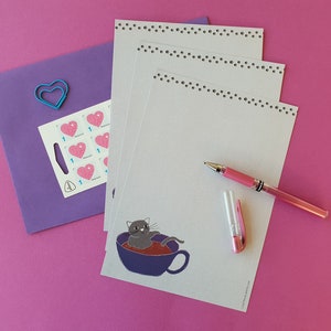 Letter paper, letter writing, stationery, writing paper, cats, coffee, purple, stationary, letter writing set
