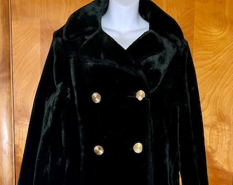 Vintage 1960-70’s Faux Fur Midi Long Black Hollywood Glam Aristocrat Coat Retro S/M Double Breast Buttons Pockets