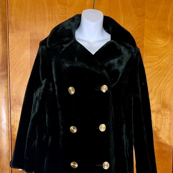 Vintage 1960-70’s Faux Fur Midi Long Black Hollywood Glam Aristocrat Coat Retro S/M Double Breast Buttons Pockets