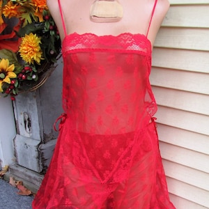 Vintage SHEER Babydoll Nightgown Lorraine 2 piece RED Lace Negligee Lingerie Sexy Panties L