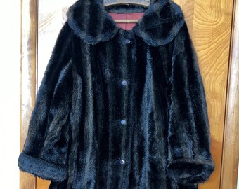 Vintage 1960-70's Brown/Black Faux Fur Coat Princess Bell Sleeves A-Line Rockabilly XXL GLAM Hollywood
