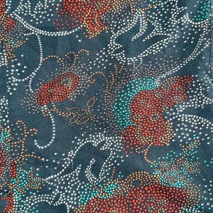 May include: Dark navy fabric with a repeating pattern of red, teal, and white dotted floral designs. The floral elements are composed of small dots, creating a textured appearance. The overall design is intricate and detailed.