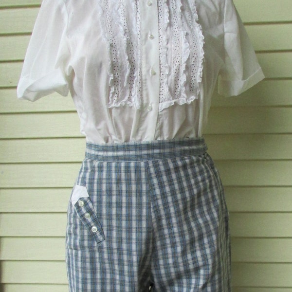 50s HIGH WAIST Shorts Vintage 1950s Blue Plaid Pocket Rockabilly Pin Up Cotton Shorts S 26