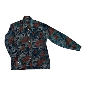 Vintage 1970’s Men’s Patch Two Hathaway Shirt Peace Dove Polyester Disco MCM Size L Green Polyester