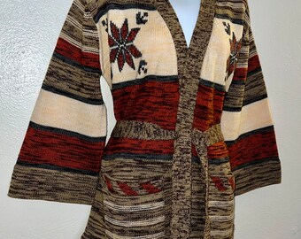 Vintage 1970’s Boho Cardigan Sweater Long full Bell Sleeves Belt Wrap Brown Geometric Hippie Boho size large