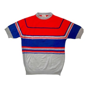 Vintage 1970&#39;s Men’s KEEN Man Shirt Short Sleeve MCM Sweater Acrylic Knit Striped Size M Disco MOD Red Blue Dad Grandpa