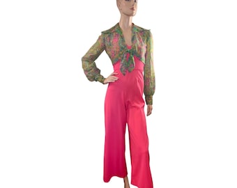 2 Piece VINTAGE 1970"s Disco Halter Bell bottom PINK Jumpsuit Puffy Long Sleeve Paisley Blouse S