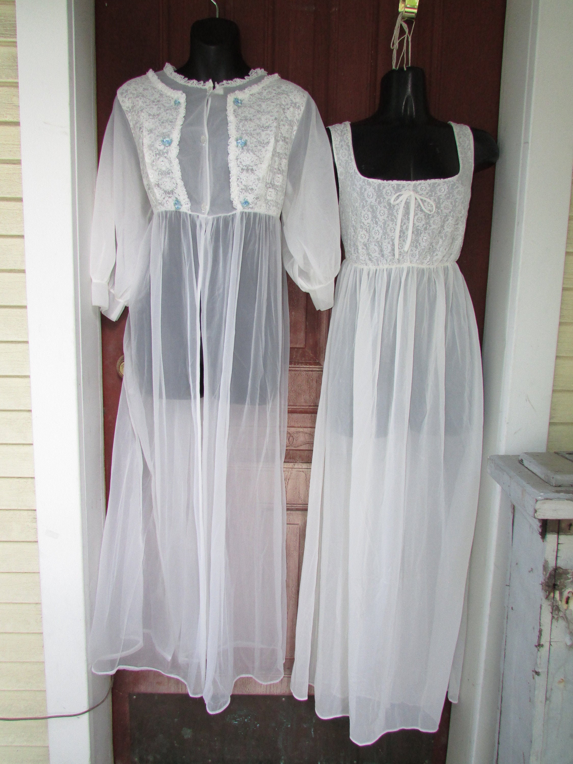 Sheer Peignoir Brides Nightgown Robe Vintage 1950 60 S White Lace Bridal Nighty Set Floor Length M Free Shipping