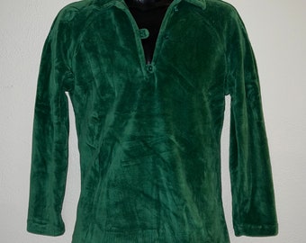 Vintage 1960-70’s Green Cotton Velour pullover Shirt Button Neckline Woodstock Hippie Boho XS/S