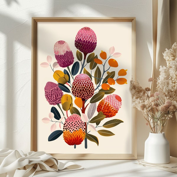 Banksia Boho Serenade Illustration, DIGITAL DOWNLOAD, Australian Native Flowers Botanical, Wall Art Floral Print Poster, Flora Printable