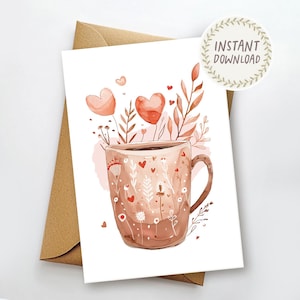 Afdrukbare romantische kaart Valentijnsdag kopje liefde verjaardag kaart aquarel harten koffie cadeaukaart voor haar partner cadeau direct downloaden