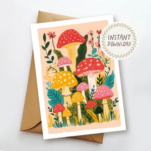Tarjeta de cumpleaños imprimible Tarjeta de hongo Felicidad manchada País de las maravillas Lindo Cuento de hadas caprichoso Colorido Sobre imprimible Descarga instantánea
