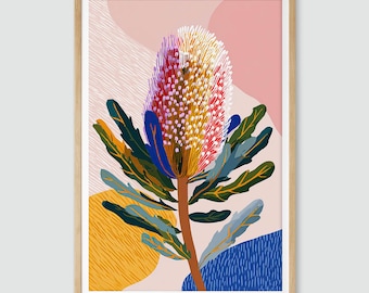 Arte mural con flores silvestres de Banksia brillante, impresión de flores nativas australianas, pintura gouache, decoración moderna con flores nativas australianas de Banksia imprimible