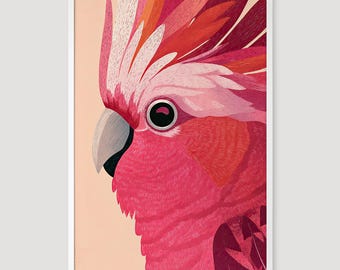 Impresión artística de retrato moderno de galah rosa, pintura gouache, arte mural de aves, arte mural de aves nativas australianas, decoración del hogar imprimible colorida