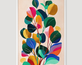 Puede incluir: Una impresión artística enmarcada con una colorida ilustración botánica. La obra de arte muestra hojas estilizadas en tonos verdes, azules, amarillos, naranjas y rosas sobre un fondo neutro. Las hojas tienen una apariencia texturizada y el marco es blanco.