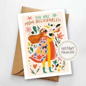 Tarjeta del Día de la Madre Eres mamá: tarjeta imprimible creíble, pintura gouache, linda para mamá superhéroe, mamá heroína, sobre imprimible, descarga instantánea